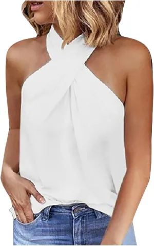 Womens Criss Cross Halter Tops Summer Sleeveless Sexy Casual Lightweight Tank Top Backless Trendy Blouse