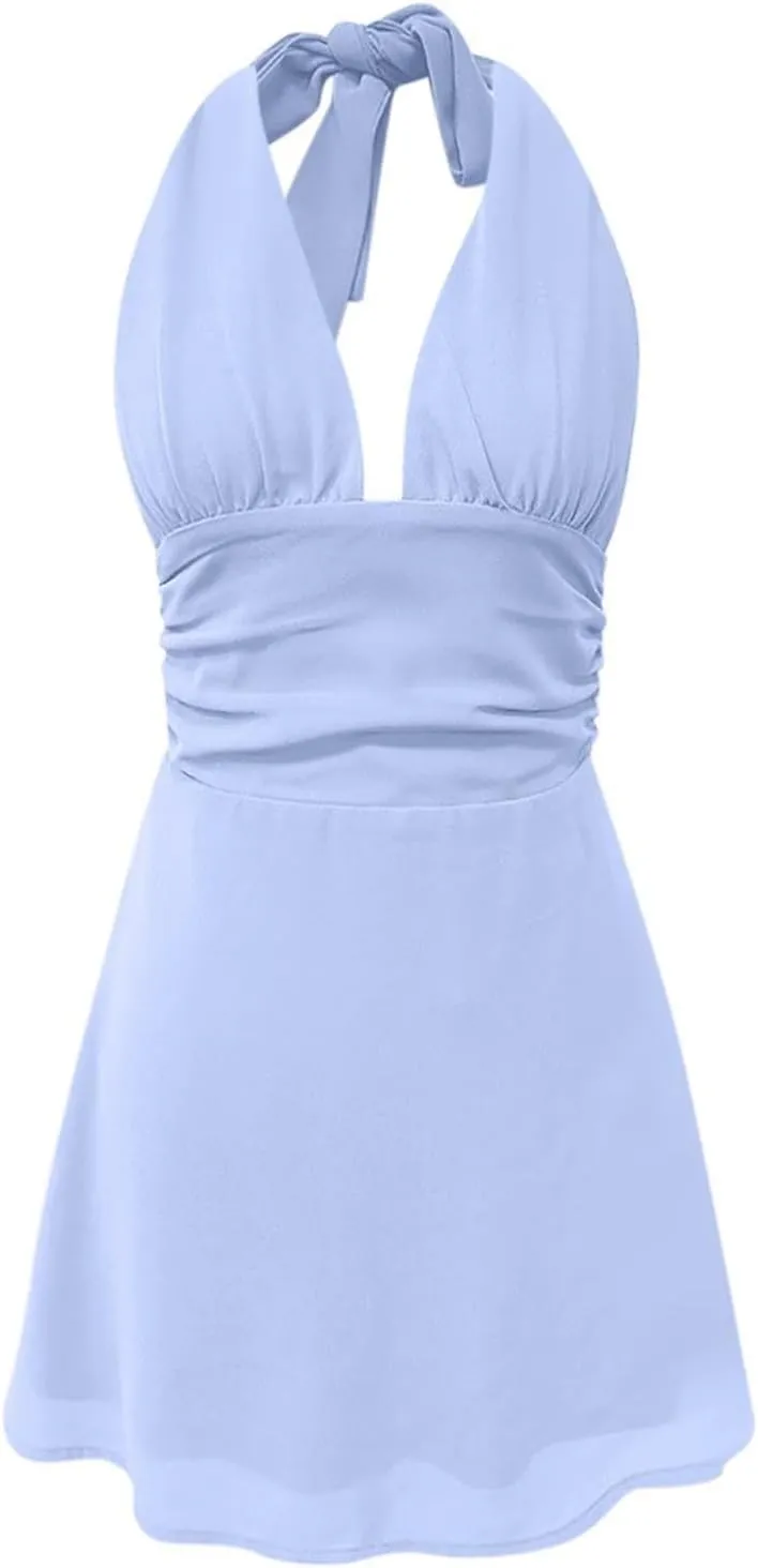 Womens Deep V Mini Dress Bow Tie Sleeveless Backless Ruched Flowy Wrap Ruffle Hem Short Sleeve Loose T Shirt