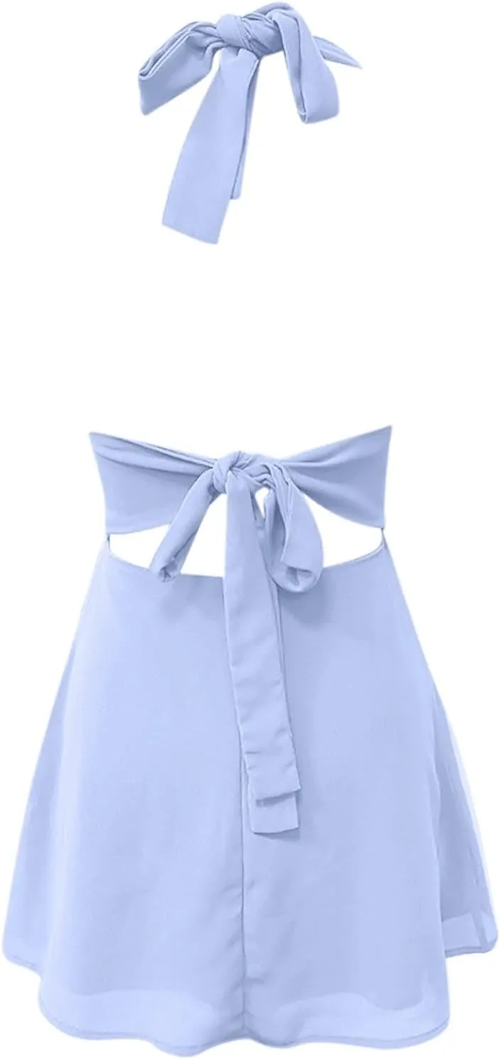 Womens Deep V Mini Dress Bow Tie Sleeveless Backless Ruched Flowy Wrap Ruffle Hem Short Sleeve Loose T Shirt