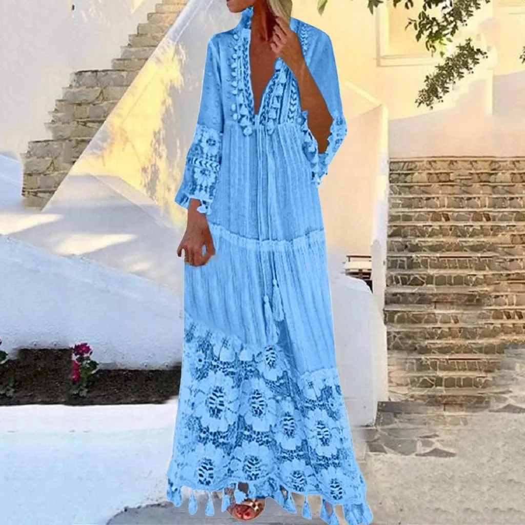 Womens Deep V Neck Sexy Boho Dress Floral Lace Trim Fringed Maxi Dress Ruffle Tiered Flowy Wedding Cocktail Dresses