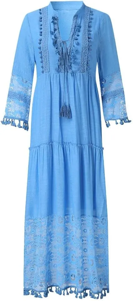 Womens Deep V Neck Sexy Boho Dress Floral Lace Trim Fringed Maxi Dress Ruffle Tiered Flowy Wedding Cocktail Dresses