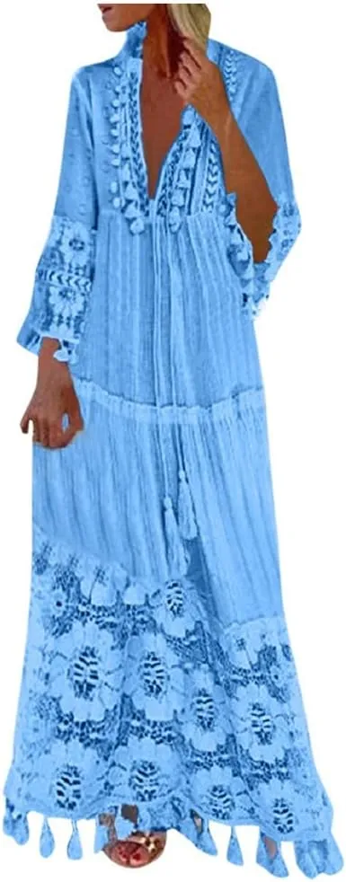 Womens Deep V Neck Sexy Boho Dress Floral Lace Trim Fringed Maxi Dress Ruffle Tiered Flowy Wedding Cocktail Dresses