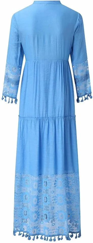 Womens Deep V Neck Sexy Boho Dress Floral Lace Trim Fringed Maxi Dress Ruffle Tiered Flowy Wedding Cocktail Dresses