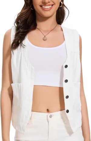 Women's Denim Jean Vest Tops 2025 Cropped V Neck Button Down Sleeveless Denim Waistcoat Jacket