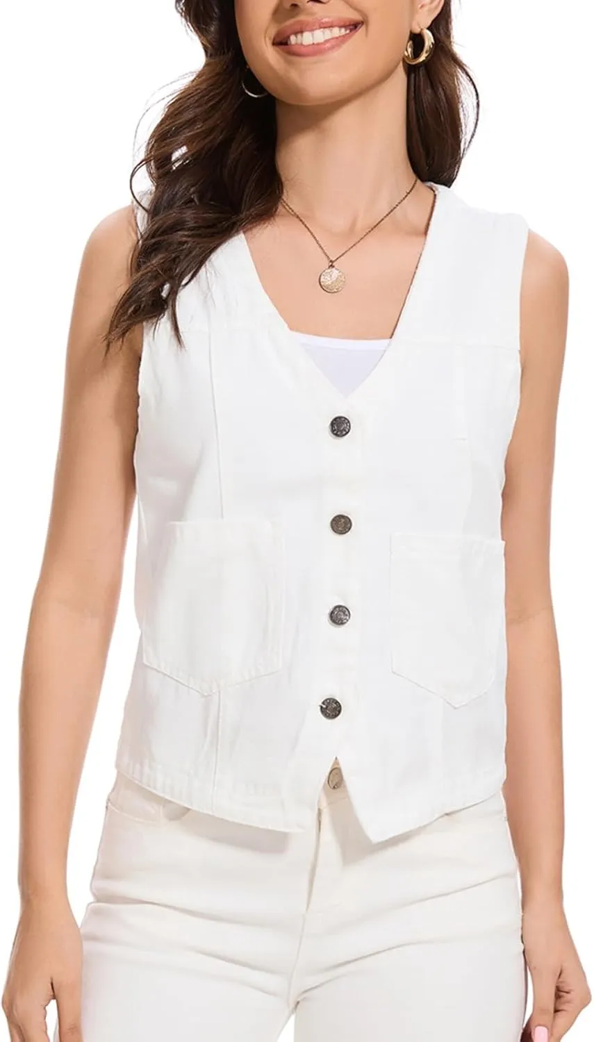 Women's Denim Jean Vest Tops 2025 Cropped V Neck Button Down Sleeveless Denim Waistcoat Jacket