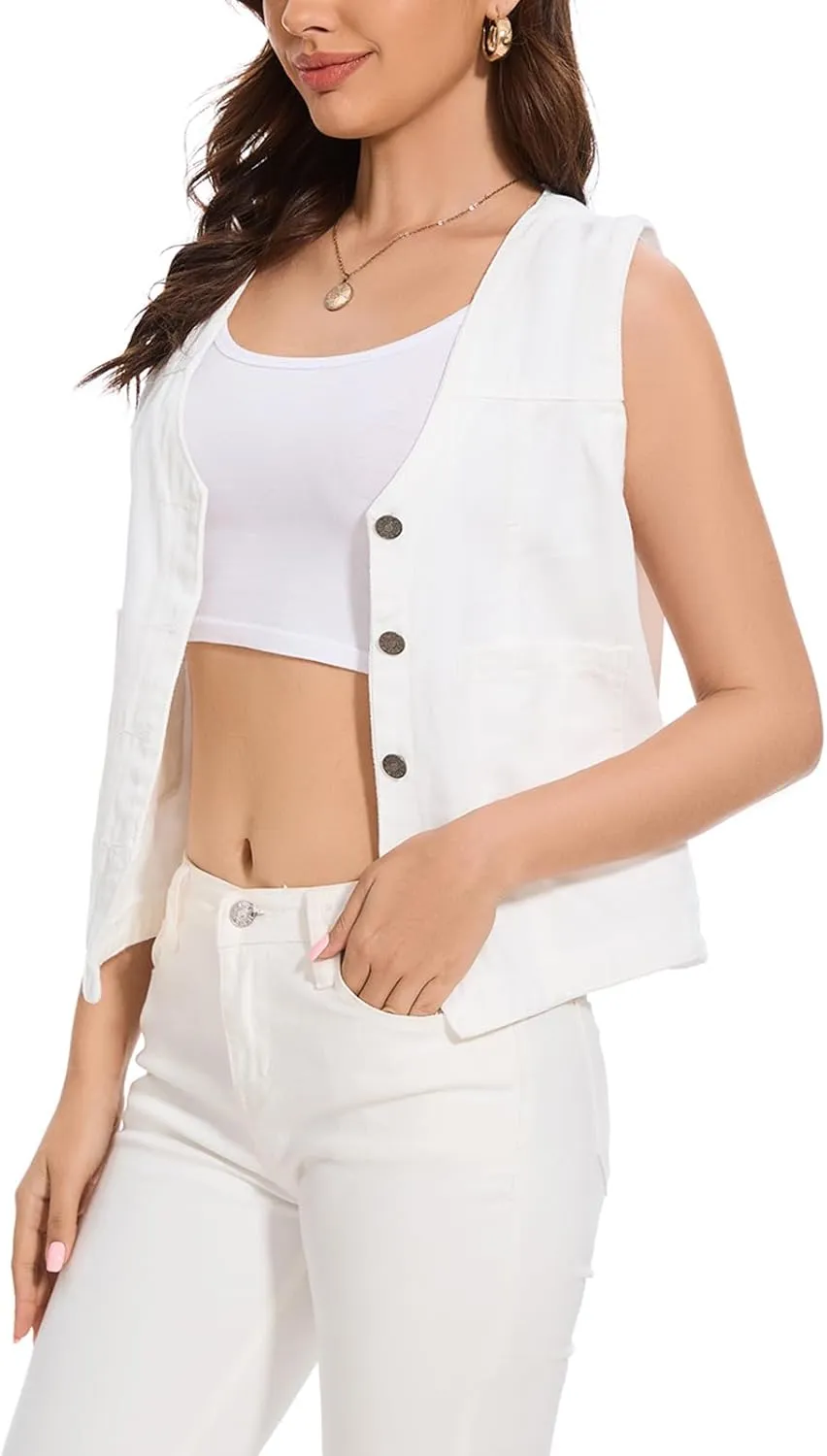 Women's Denim Jean Vest Tops 2025 Cropped V Neck Button Down Sleeveless Denim Waistcoat Jacket