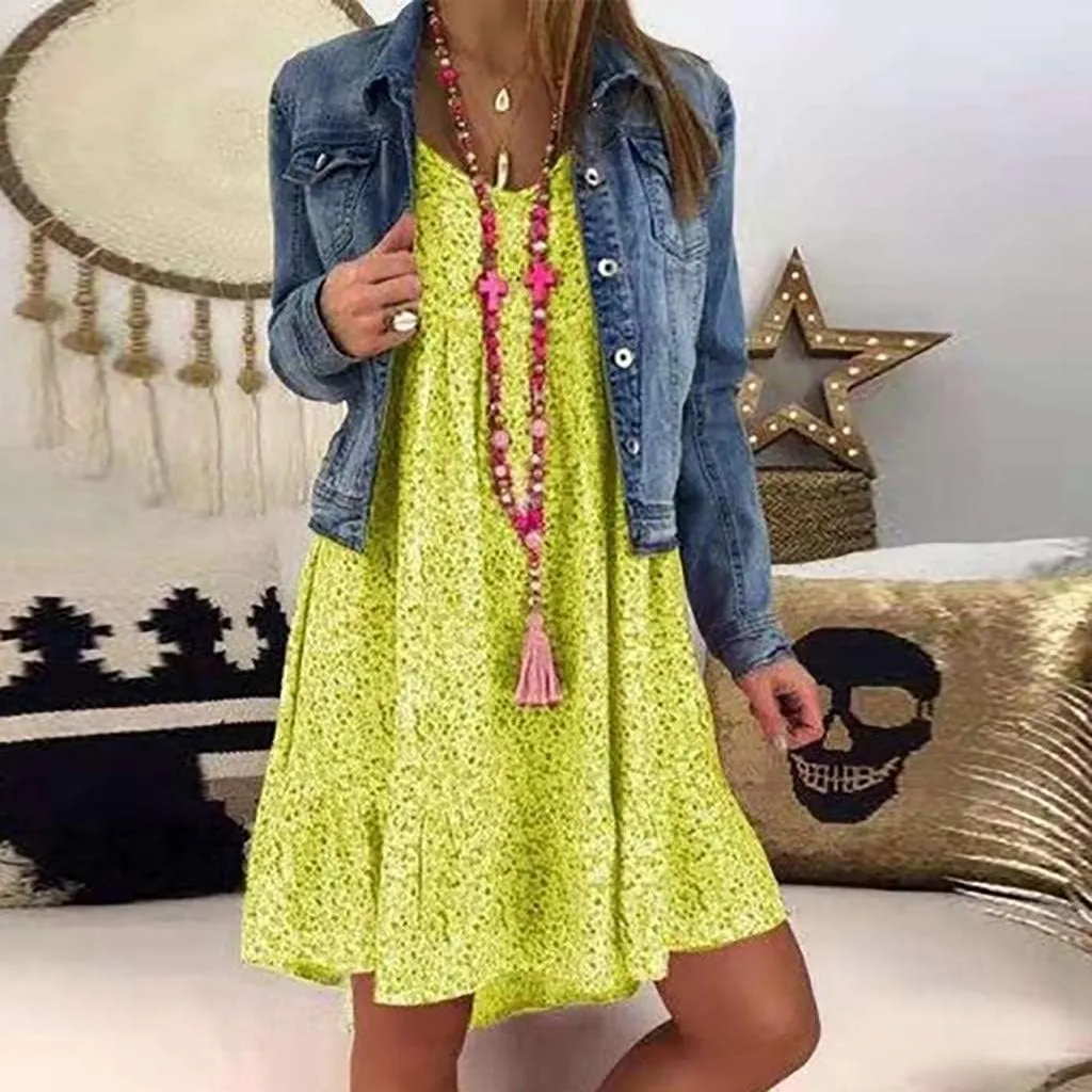 Womens Dresses Formal Occasion Women's Ladies Sexy Loose Print Hlaf Sleeve Ruffles Mini Dress Summer Dress