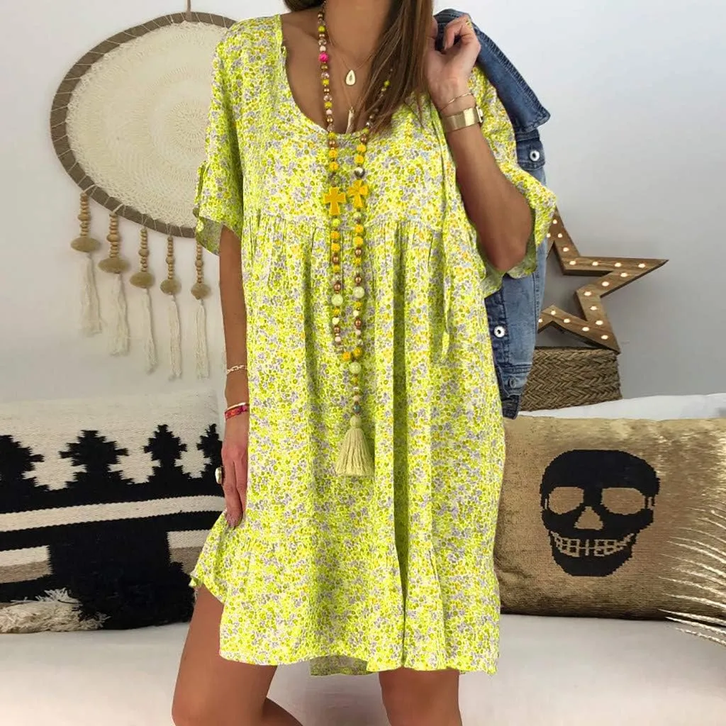 Womens Dresses Formal Occasion Women's Ladies Sexy Loose Print Hlaf Sleeve Ruffles Mini Dress Summer Dress