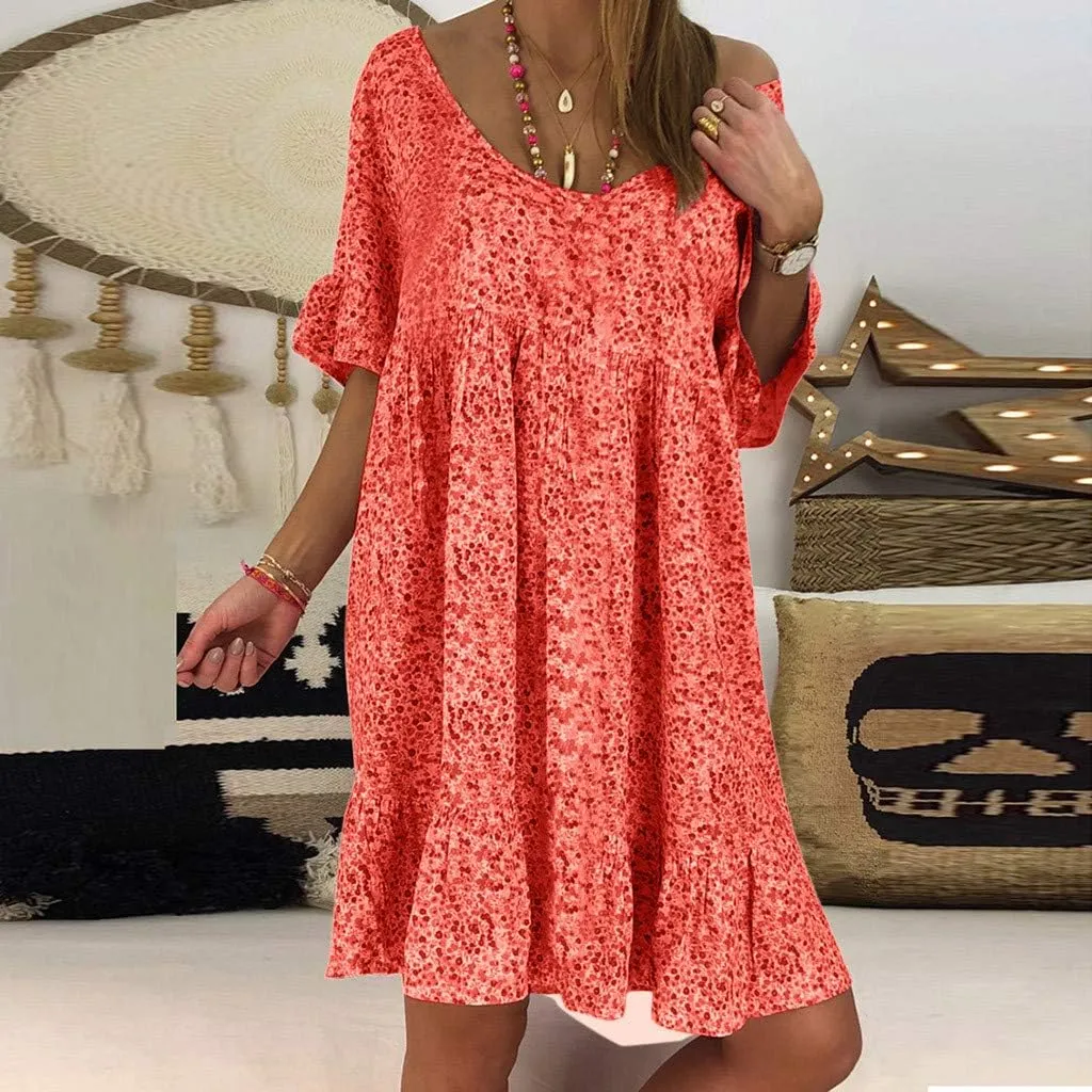 Womens Dresses Formal Occasion Women's Ladies Sexy Loose Print Hlaf Sleeve Ruffles Mini Dress Summer Dress