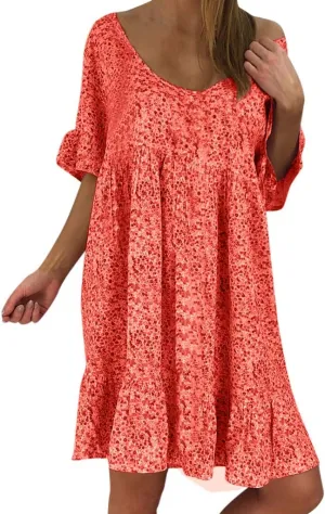 Womens Dresses Formal Occasion Women's Ladies Sexy Loose Print Hlaf Sleeve Ruffles Mini Dress Summer Dress