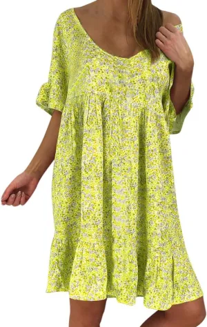 Womens Dresses Formal Occasion Women's Ladies Sexy Loose Print Hlaf Sleeve Ruffles Mini Dress Summer Dress