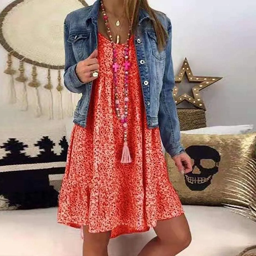 Womens Dresses Formal Occasion Women's Ladies Sexy Loose Print Hlaf Sleeve Ruffles Mini Dress Summer Dress