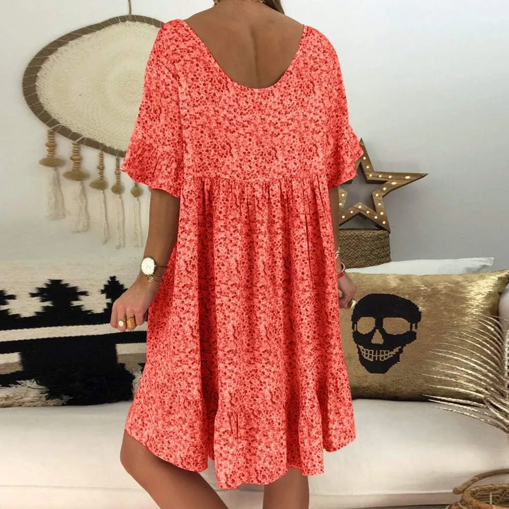 Womens Dresses Formal Occasion Women's Ladies Sexy Loose Print Hlaf Sleeve Ruffles Mini Dress Summer Dress