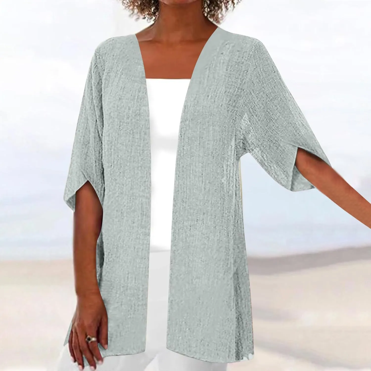 Womens Elbow Sleeve Cotton Flowy Cardigan Cover Ups Open Front UV Sun Protection Shrugs Rash Guard Shirts Plus Size