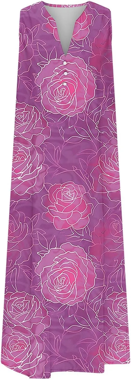 Women's Embossed Floral Printed Midi Dresses with Pockets Loose Button V Neck Summer Sleeveless A-Line Casual Plus Size Dress