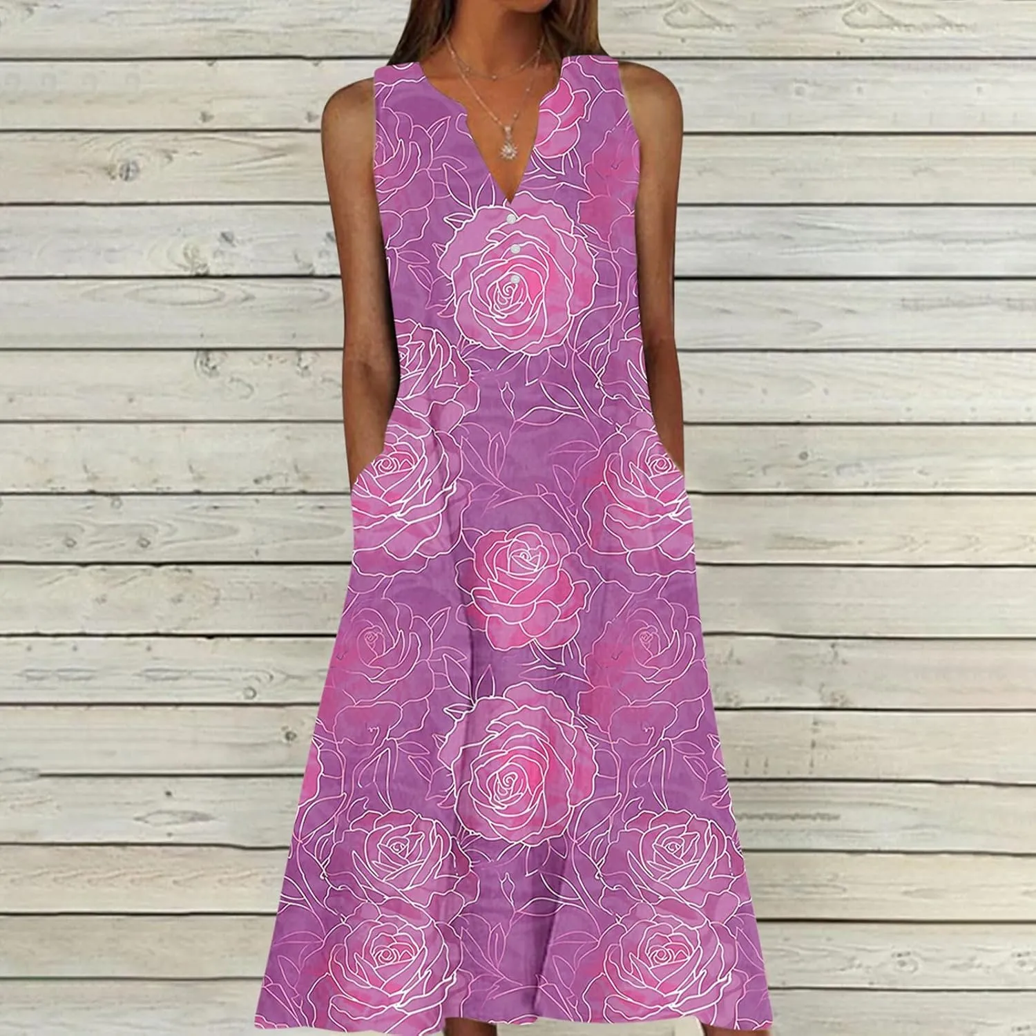 Women's Embossed Floral Printed Midi Dresses with Pockets Loose Button V Neck Summer Sleeveless A-Line Casual Plus Size Dress