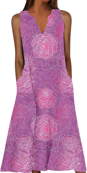 Women's Embossed Floral Printed Midi Dresses with Pockets Loose Button V Neck Summer Sleeveless A-Line Casual Plus Size Dress