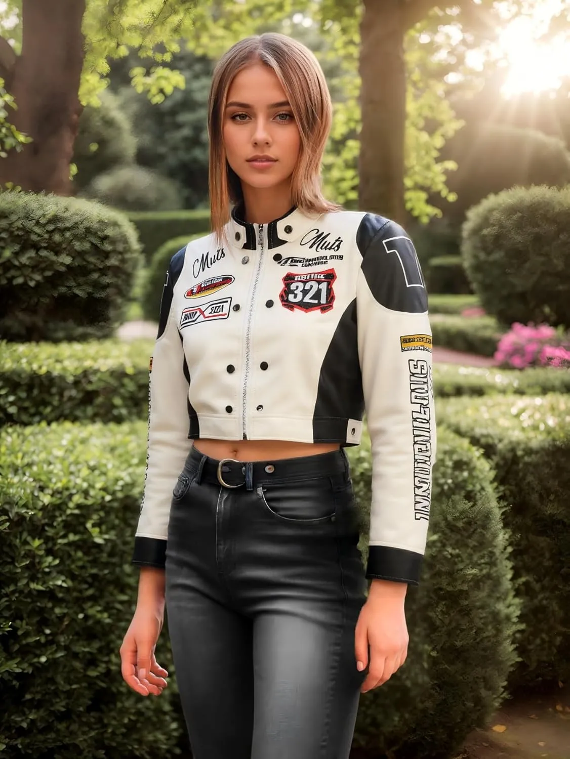 Women's Embroidered PU Leather Motorcycle Jacket, Stand-Up Collar, Cropped Style, Spring to Fall