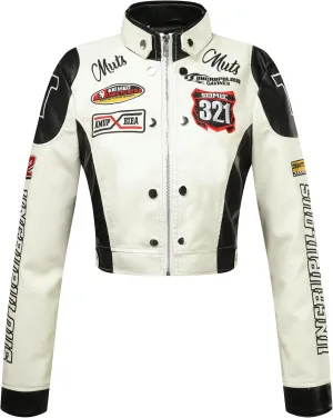Women's Embroidered PU Leather Motorcycle Jacket, Stand-Up Collar, Cropped Style, Spring to Fall