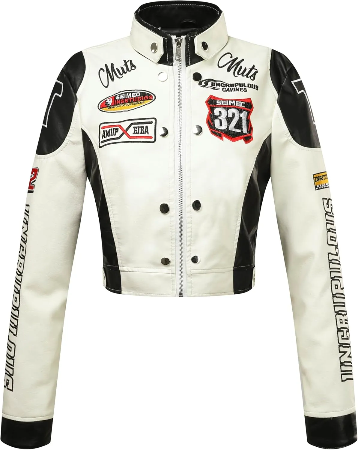 Women's Embroidered PU Leather Motorcycle Jacket, Stand-Up Collar, Cropped Style, Spring to Fall