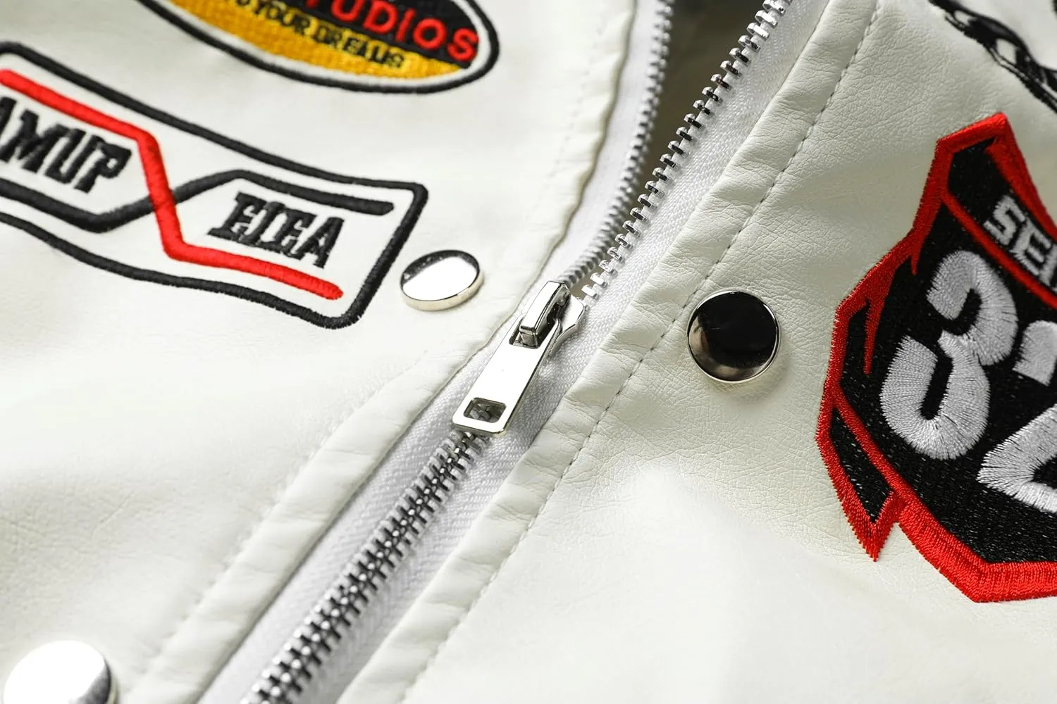 Women's Embroidered PU Leather Motorcycle Jacket, Stand-Up Collar, Cropped Style, Spring to Fall