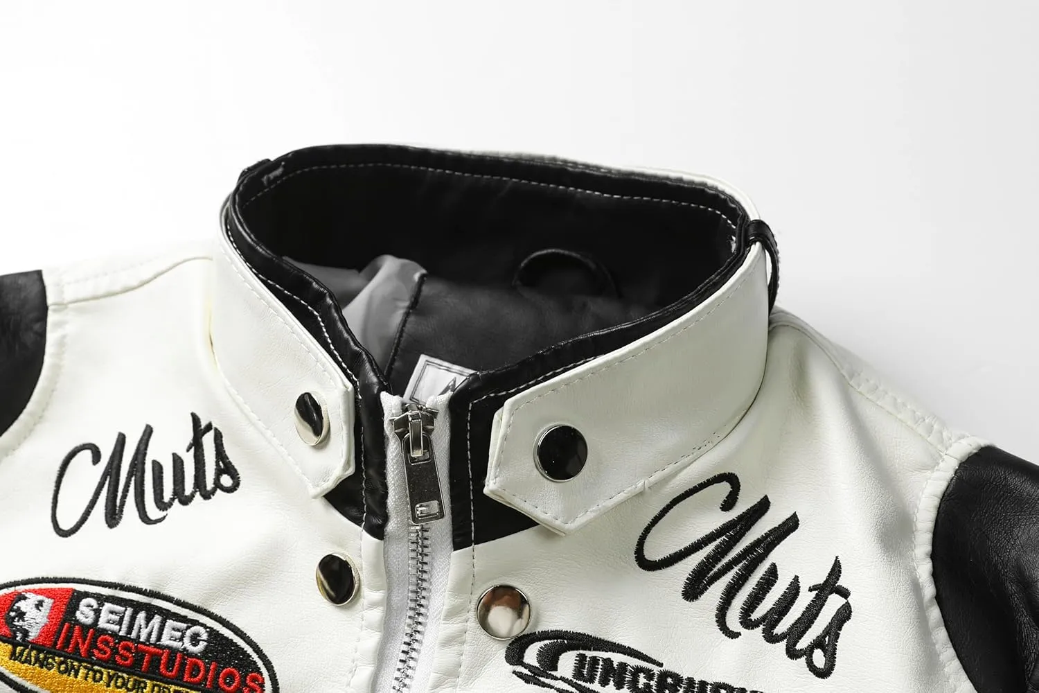 Women's Embroidered PU Leather Motorcycle Jacket, Stand-Up Collar, Cropped Style, Spring to Fall