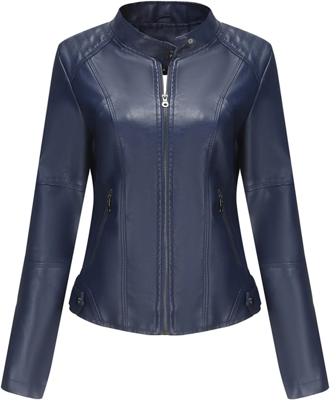 Womens Faux Leather Buttoned Jackets Long Sleeve Moto Coat Slim Fit Outwear with Zipper Pockets