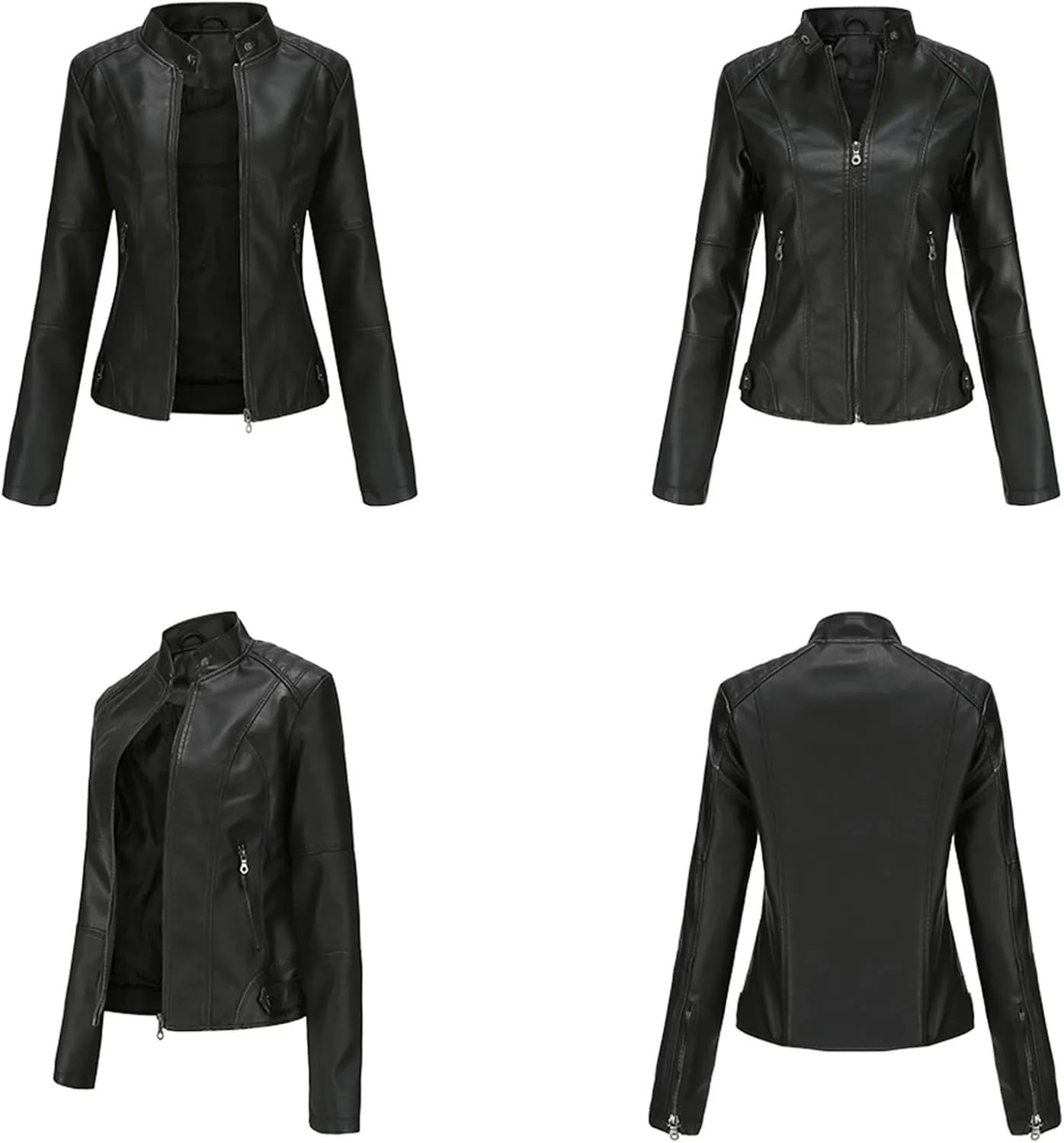 Womens Faux Leather Buttoned Jackets Long Sleeve Moto Coat Slim Fit Outwear with Zipper Pockets
