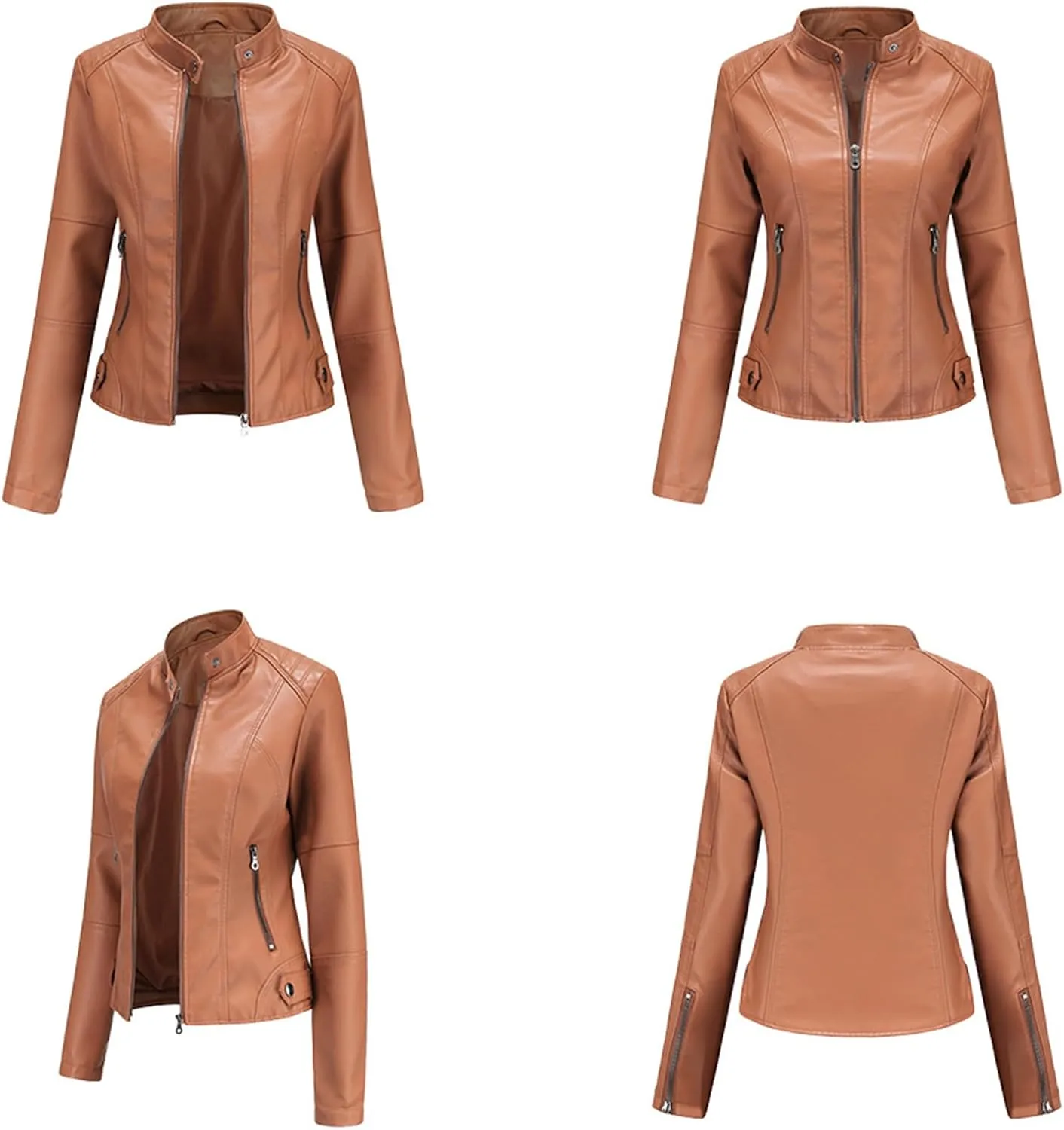 Womens Faux Leather Buttoned Jackets Long Sleeve Moto Coat Slim Fit Outwear with Zipper Pockets