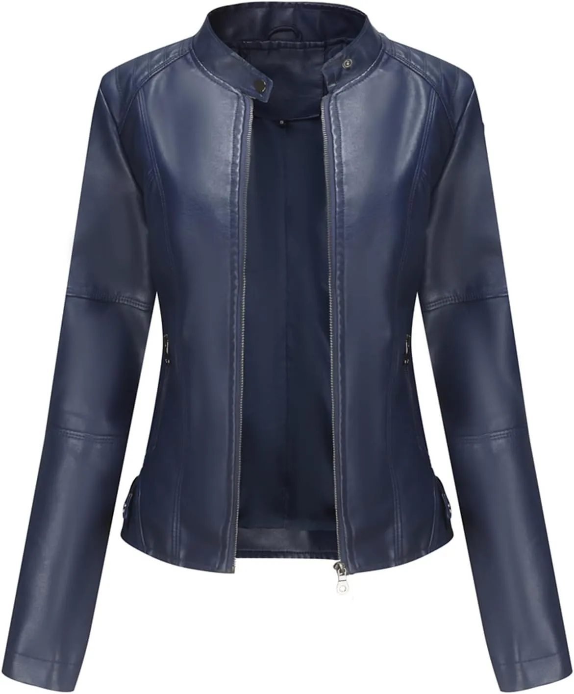 Womens Faux Leather Buttoned Jackets Long Sleeve Moto Coat Slim Fit Outwear with Zipper Pockets