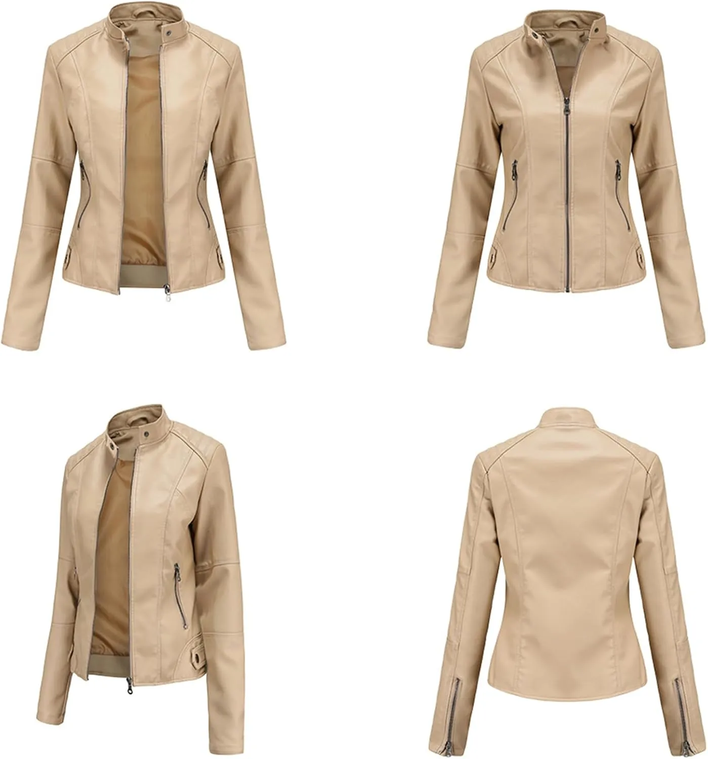 Womens Faux Leather Buttoned Jackets Long Sleeve Moto Coat Slim Fit Outwear with Zipper Pockets