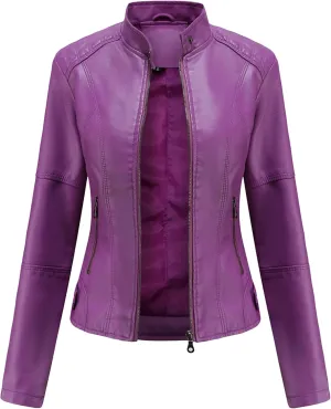 Womens Faux Leather Buttoned Jackets Long Sleeve Moto Coat Slim Fit Outwear with Zipper Pockets