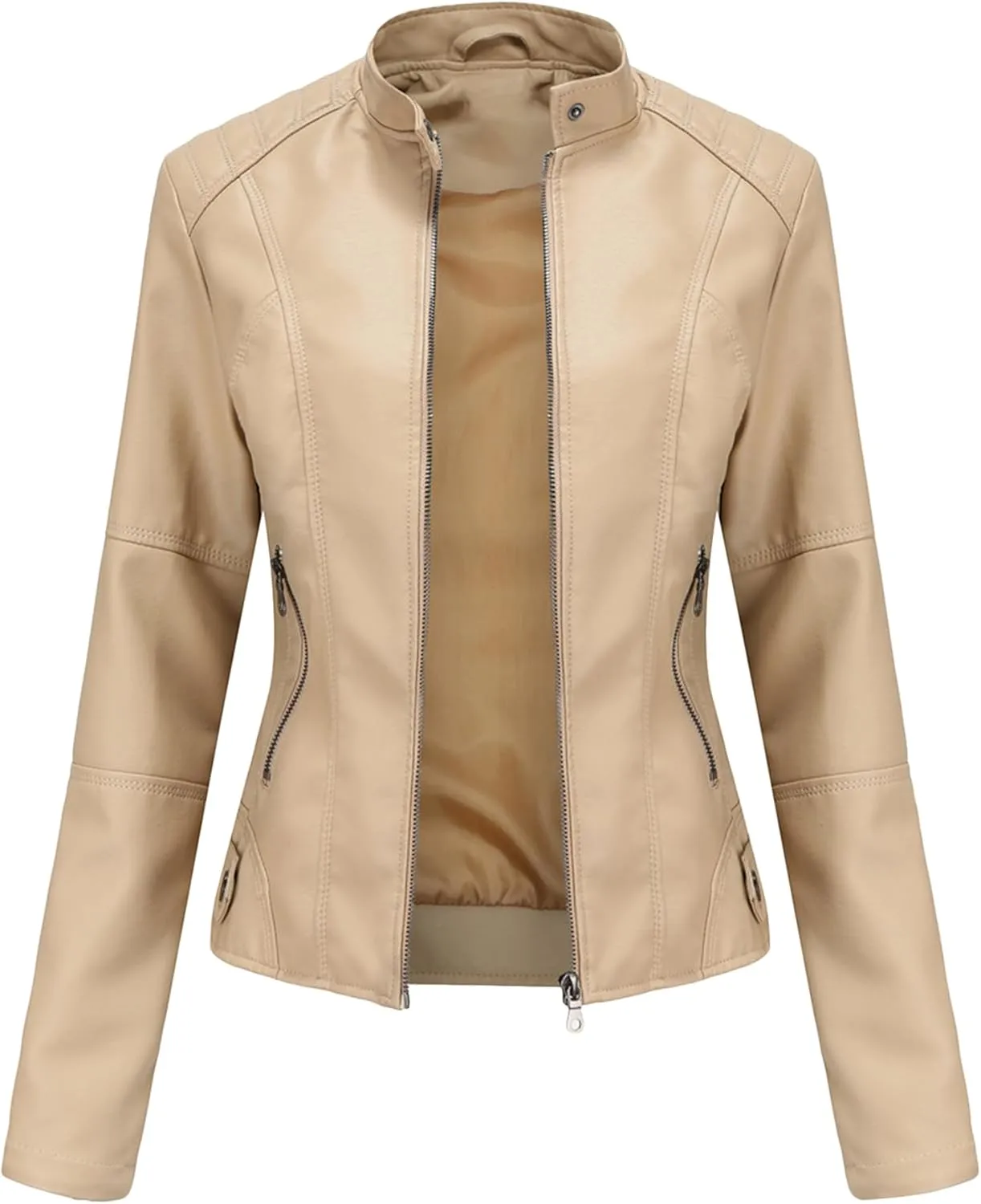 Womens Faux Leather Buttoned Jackets Long Sleeve Moto Coat Slim Fit Outwear with Zipper Pockets