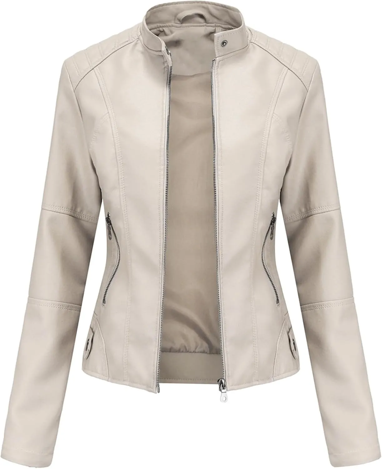 Womens Faux Leather Buttoned Jackets Long Sleeve Moto Coat Slim Fit Outwear with Zipper Pockets