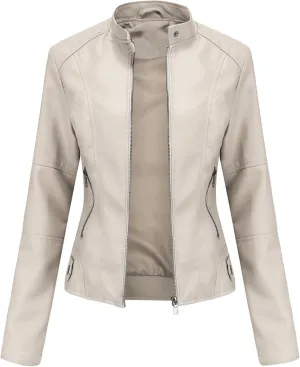 Womens Faux Leather Buttoned Jackets Long Sleeve Moto Coat Slim Fit Outwear with Zipper Pockets