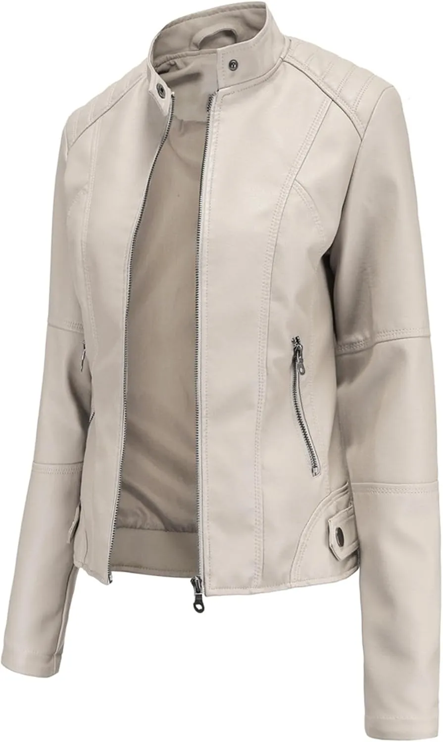 Womens Faux Leather Buttoned Jackets Long Sleeve Moto Coat Slim Fit Outwear with Zipper Pockets