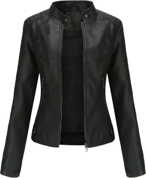 Womens Faux Leather Buttoned Jackets Long Sleeve Moto Coat Slim Fit Outwear with Zipper Pockets