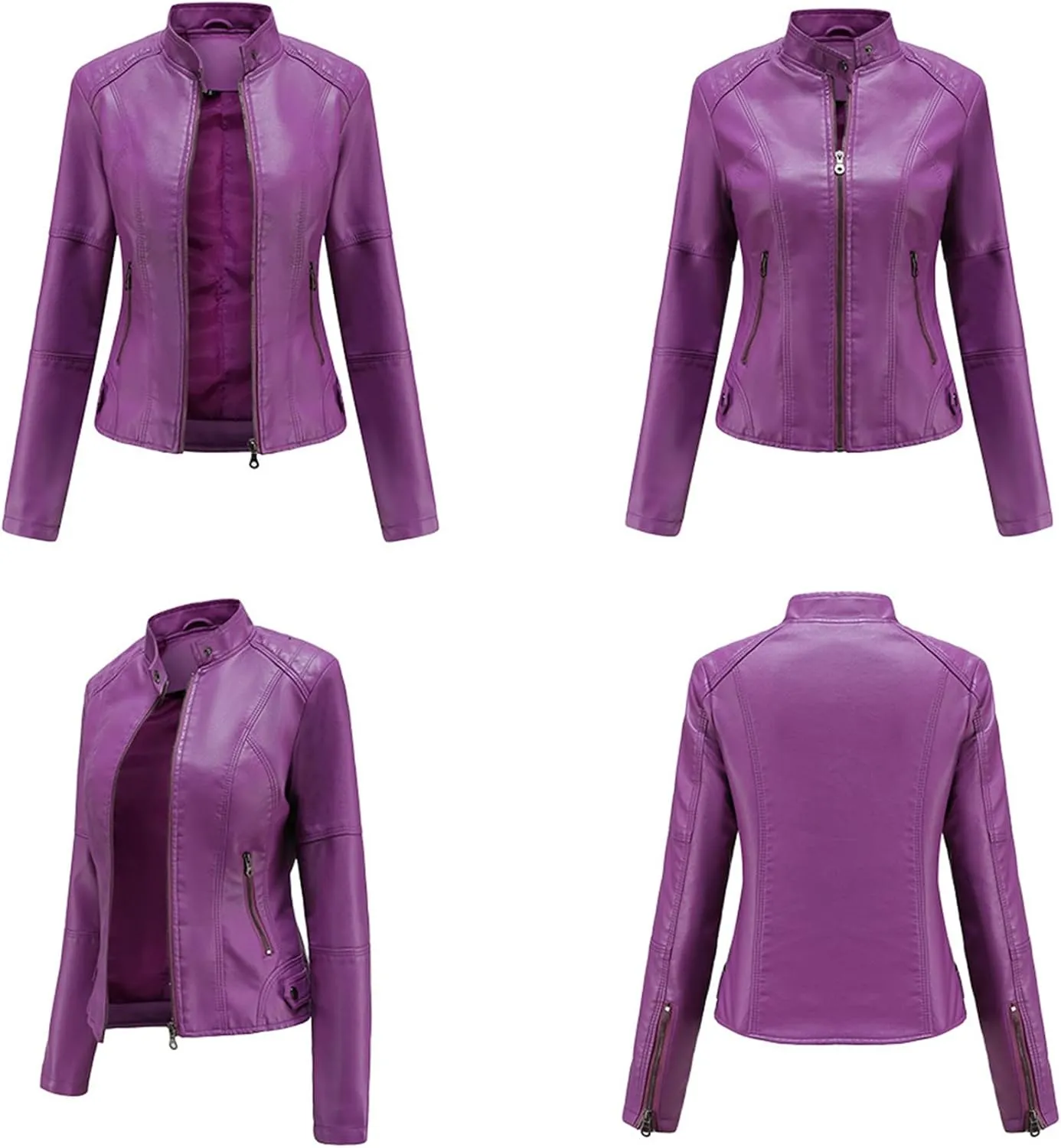 Womens Faux Leather Buttoned Jackets Long Sleeve Moto Coat Slim Fit Outwear with Zipper Pockets