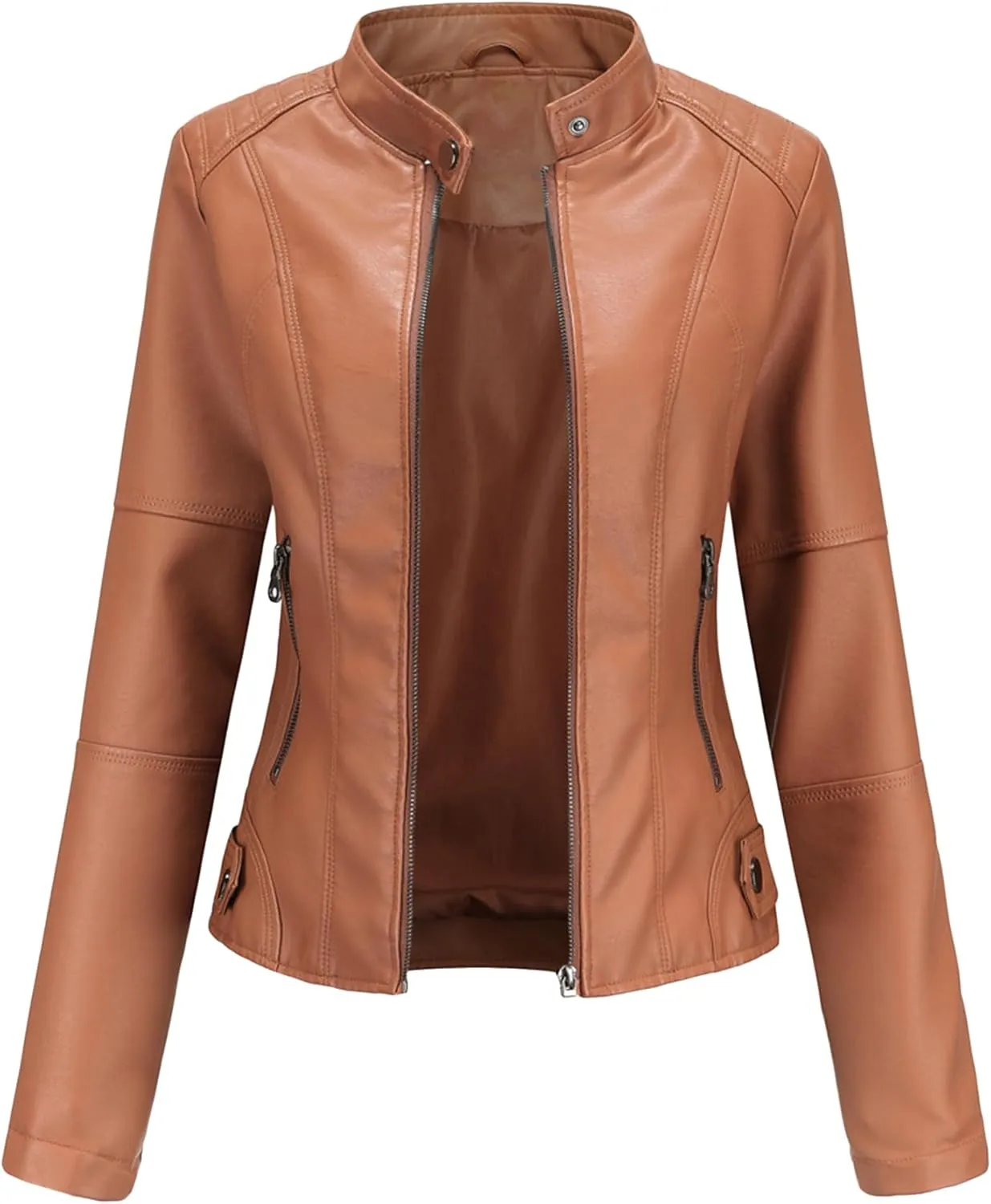Womens Faux Leather Buttoned Jackets Long Sleeve Moto Coat Slim Fit Outwear with Zipper Pockets