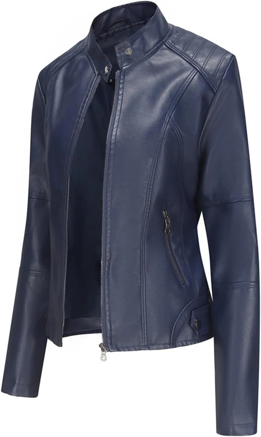 Womens Faux Leather Buttoned Jackets Long Sleeve Moto Coat Slim Fit Outwear with Zipper Pockets