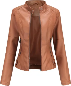 Womens Faux Leather Buttoned Jackets Long Sleeve Moto Coat Slim Fit Outwear with Zipper Pockets