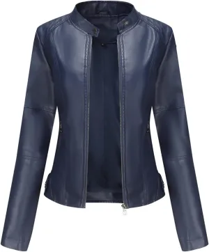 Womens Faux Leather Buttoned Jackets Long Sleeve Moto Coat Slim Fit Outwear with Zipper Pockets