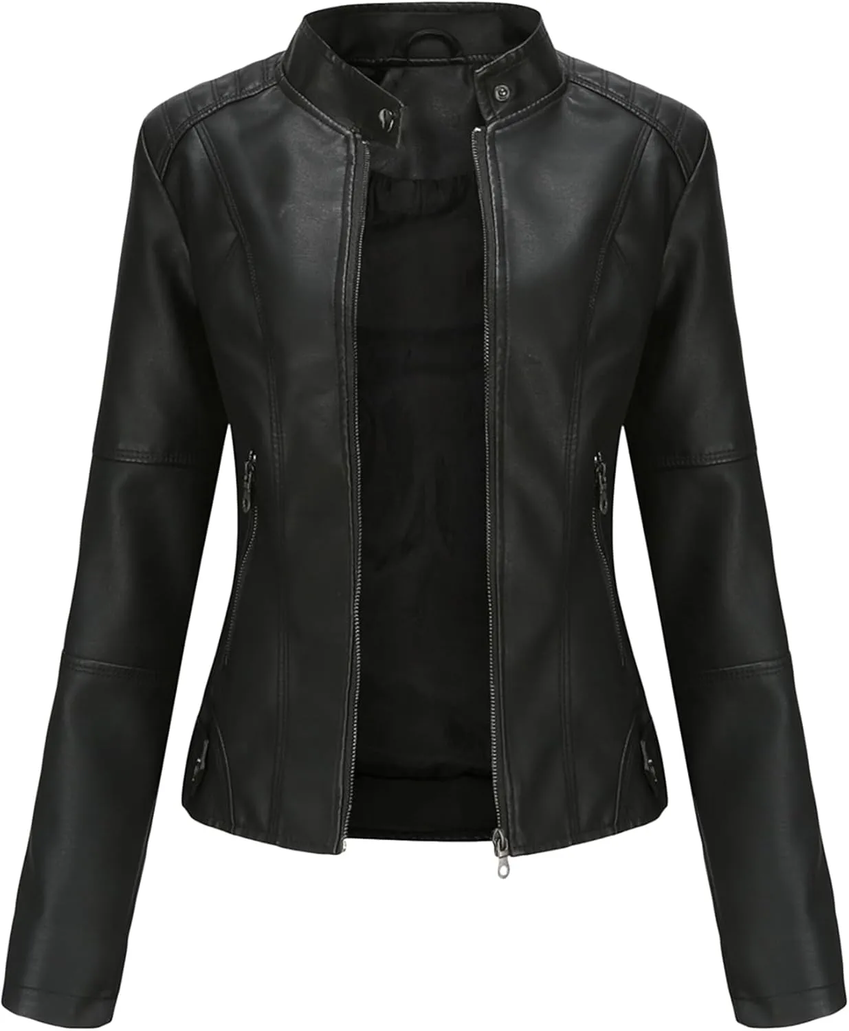 Womens Faux Leather Buttoned Jackets Long Sleeve Moto Coat Slim Fit Outwear with Zipper Pockets