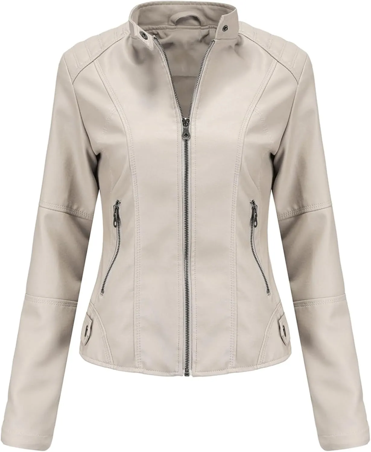 Womens Faux Leather Buttoned Jackets Long Sleeve Moto Coat Slim Fit Outwear with Zipper Pockets