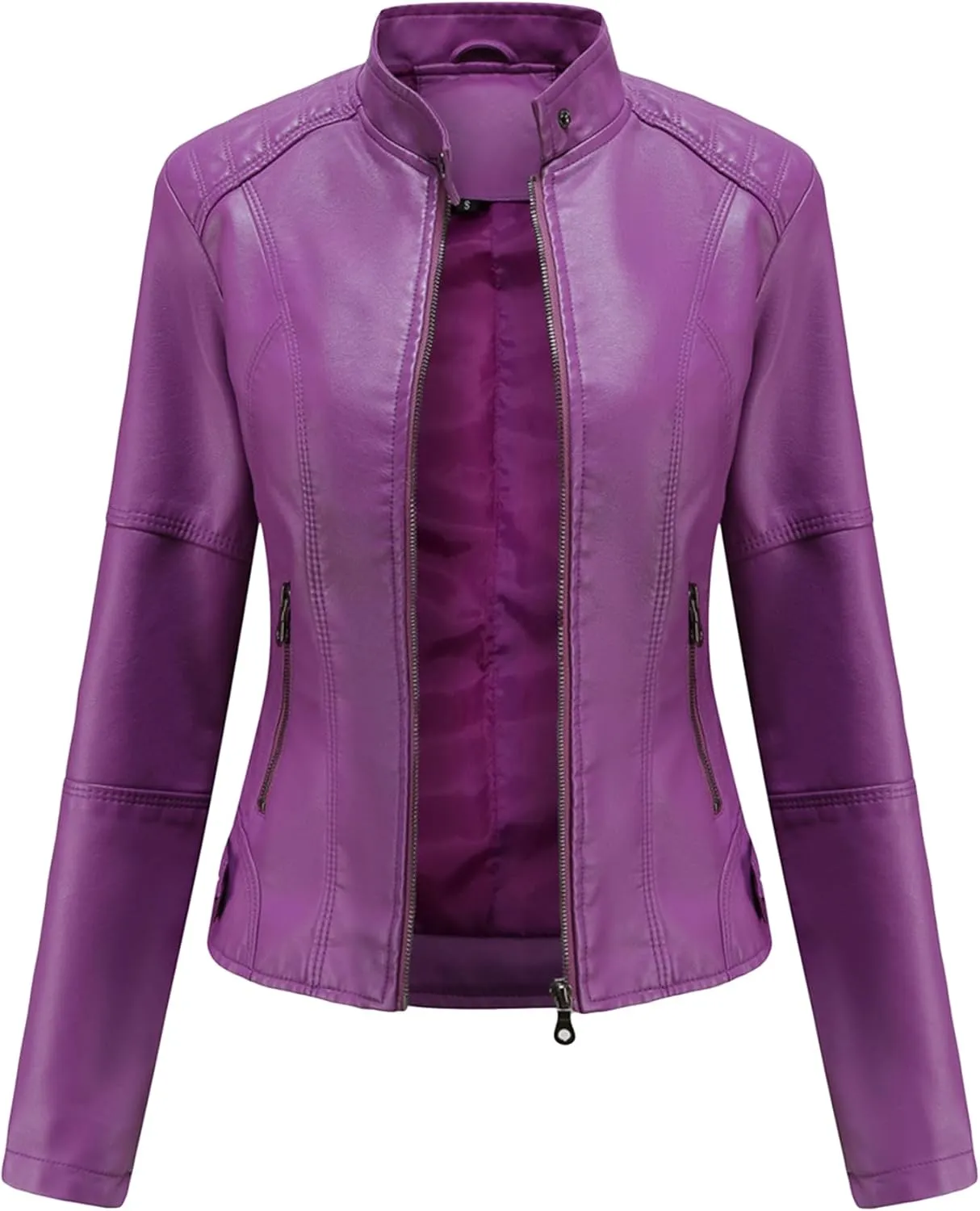 Womens Faux Leather Buttoned Jackets Long Sleeve Moto Coat Slim Fit Outwear with Zipper Pockets