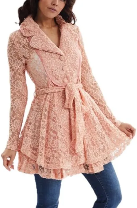 Women's Flared Lace Trench Coat, Long Sleeve, Belted Waist, Pink