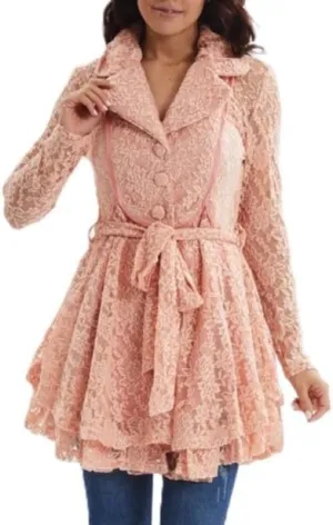 Women's Flared Lace Trench Coat, Long Sleeve, Belted Waist, Pink