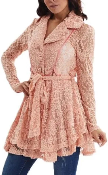 Women's Flared Lace Trench Coat, Long Sleeve, Belted Waist, Pink