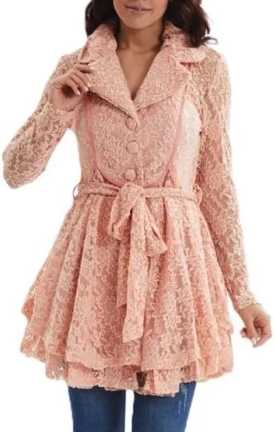 Women's Flared Lace Trench Coat, Long Sleeve, Belted Waist, Pink