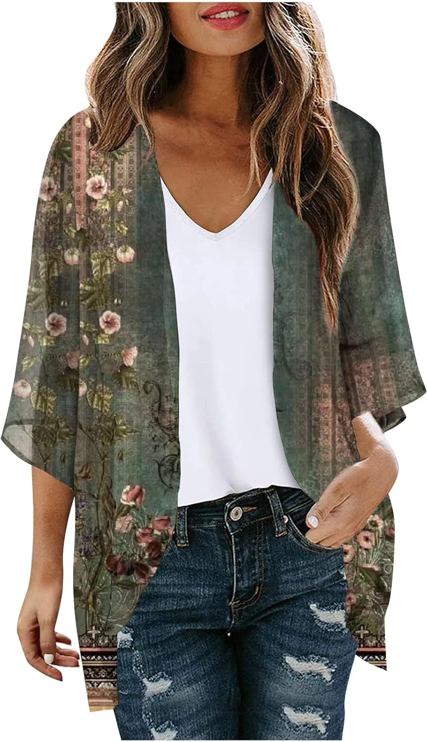 Women's Floral Print Puff Sleeve Kimono Cardigan Loose Cover Ups Casual Tops 2025 Trendy Lightweight Resort Wear